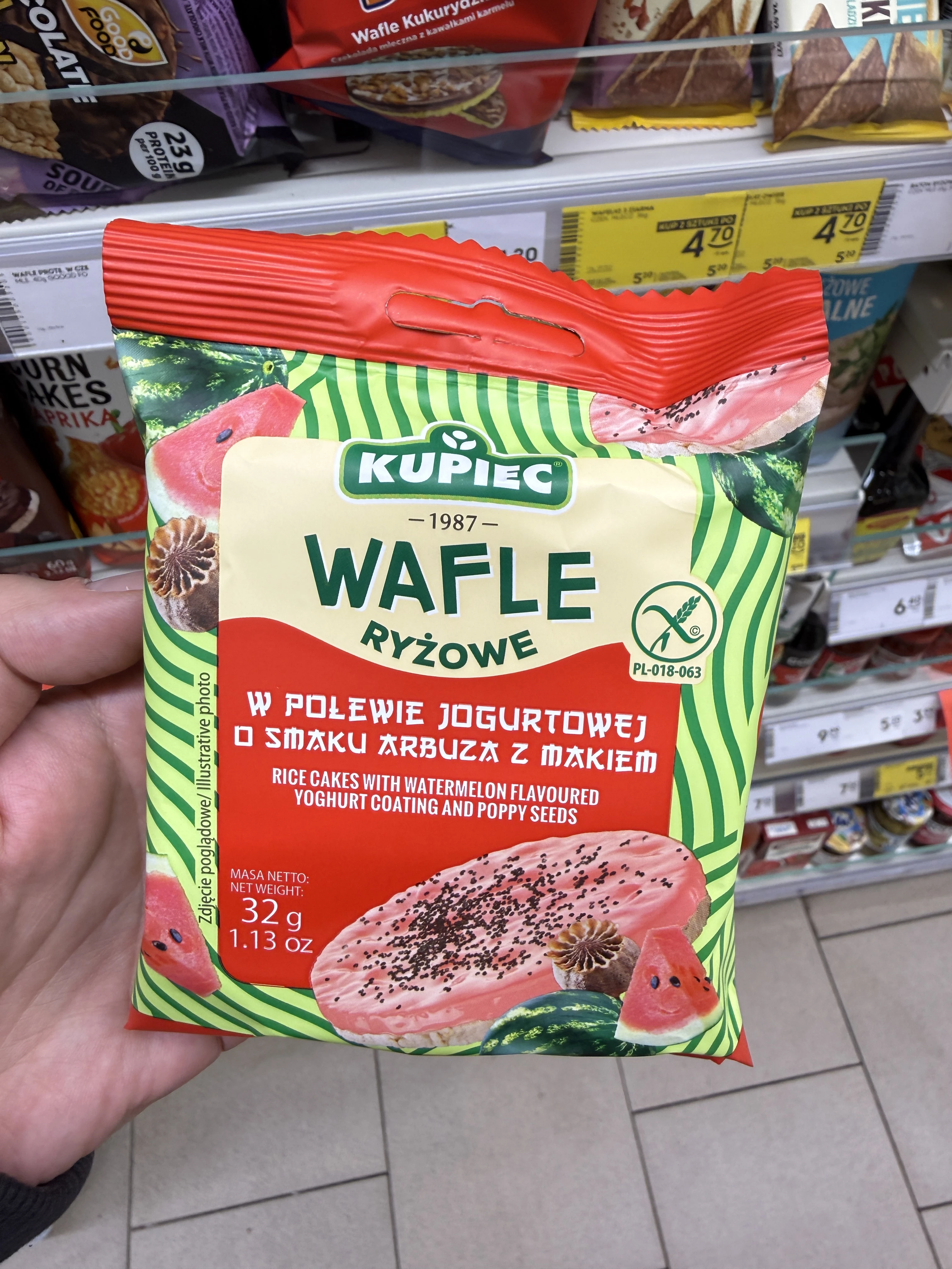 Kupiec Wafle Ryżowe w Polewie Jogurtowej o Smaku Arbuza z Makiem | 32g